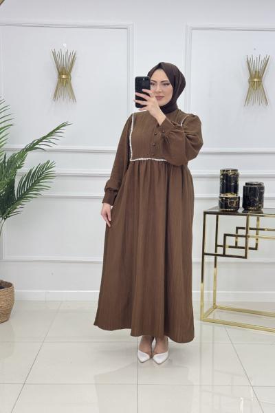 BİNNAZ MÜSLİN ELBİSE-KAHVERENGİ Kahverengi