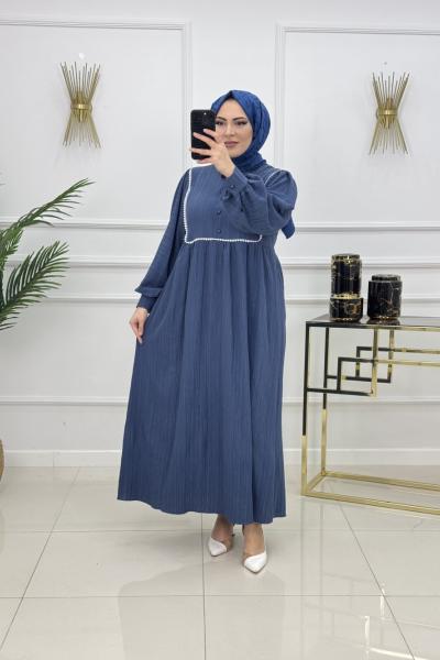 BİNNAZ MÜSLİN ELBİSE-İNDİGO MAVİ Duman