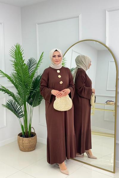 CANSU DÜĞMELİ ELBİSE - ACI KAHVE Acı Kahve