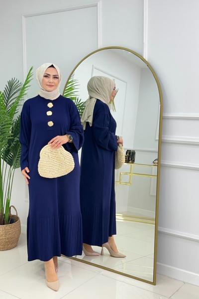 CANSU DÜĞMELİ ELBİSE - LACİVERT Lacivert