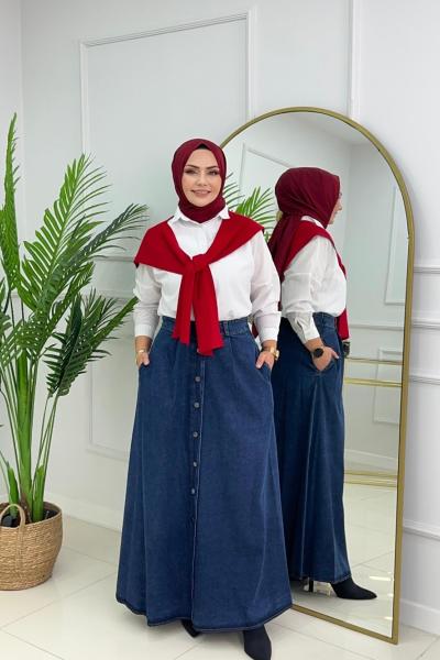 DÜĞMELİ DENİM ETEK - LACİVERT  Lacivert