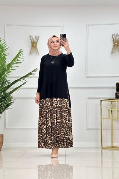 Leopar Etekli Takım Siyah