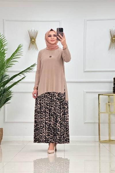 Leopar Etekli Takım Bej